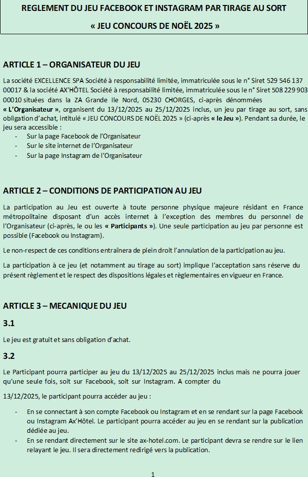 jeu concour noel 2025 reglement Excellence Spa Ax Hôtel