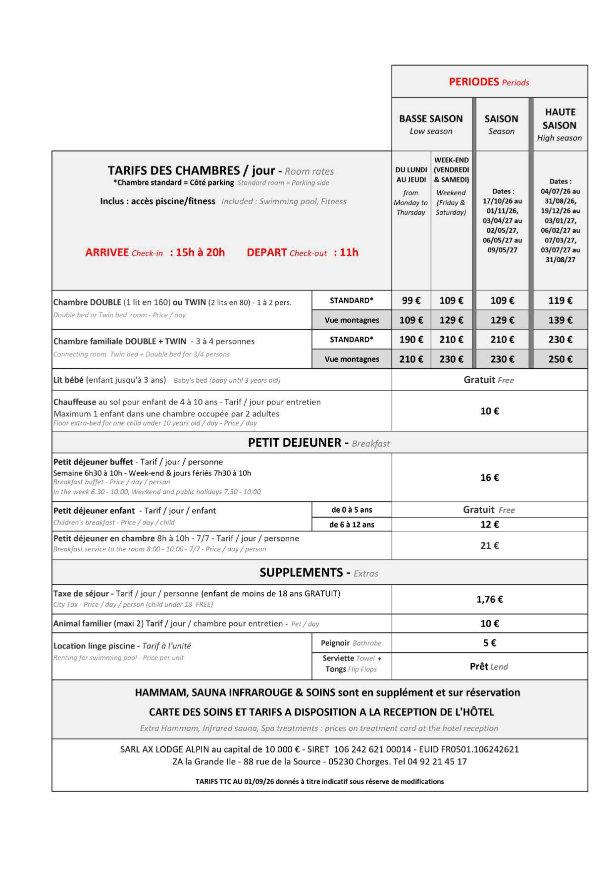 20260914 tarif chambres sans restaurant