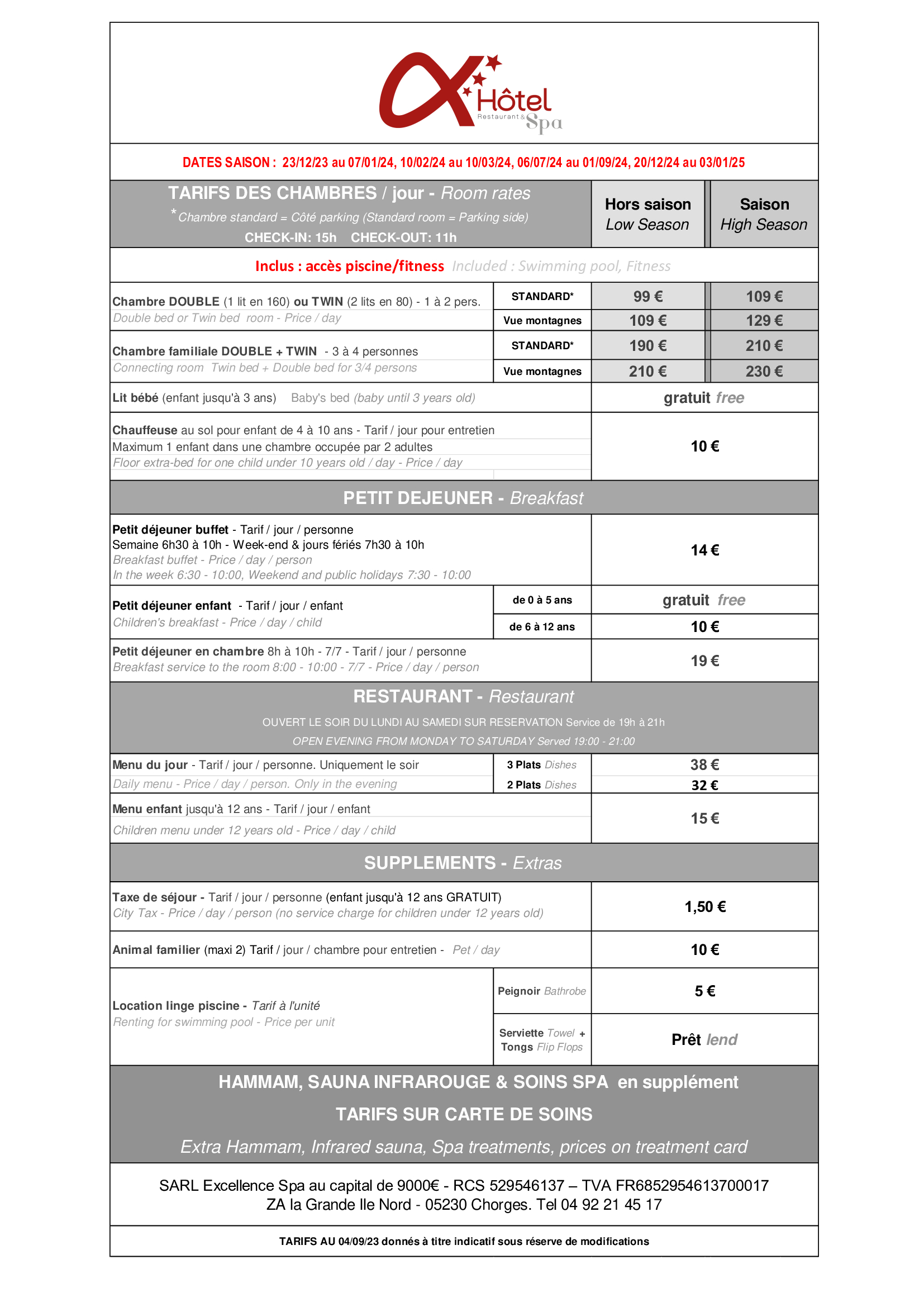 20230901 tarif chambres